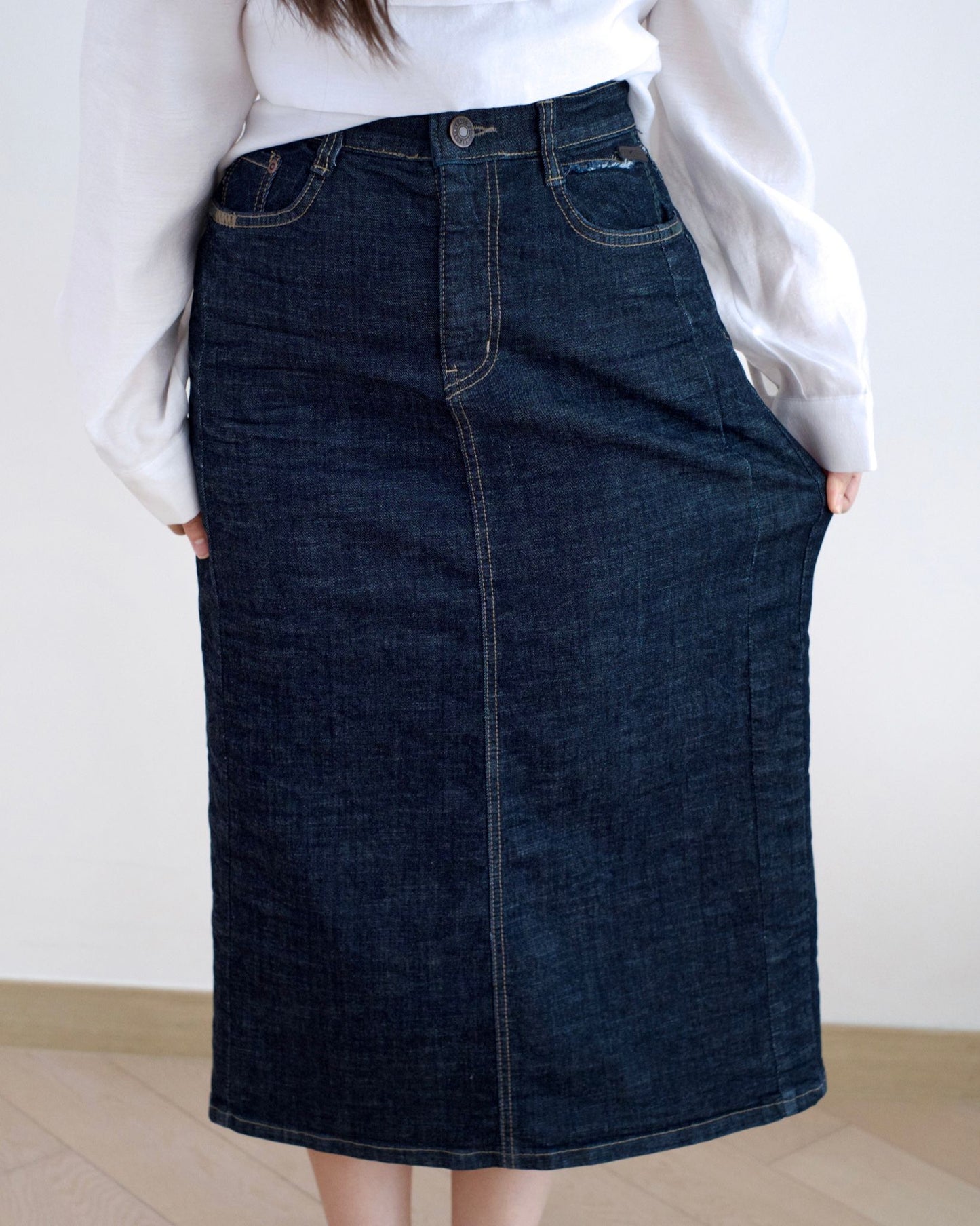 韓國牛仔開衩中長裙