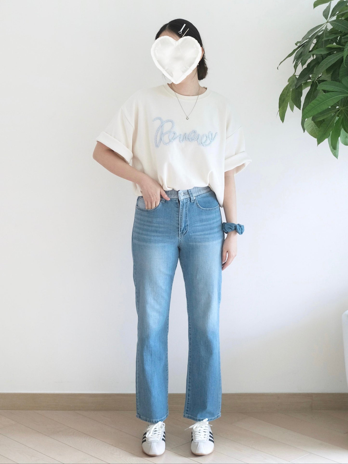 韓國拼邊直腳牛仔褲