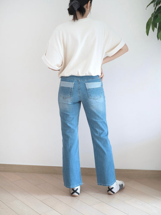 韓國拼邊直腳牛仔褲