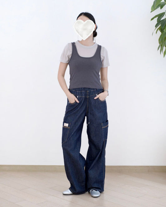 Vikini 全橡筋闊腳工裝牛仔褲