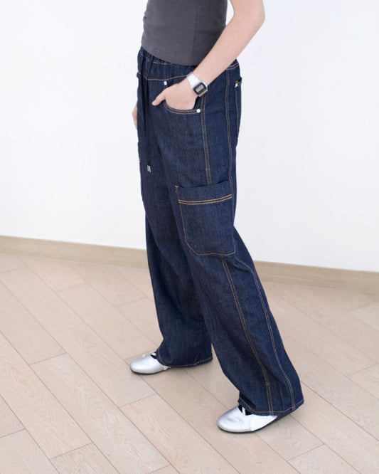 Vikini 全橡筋闊腳工裝牛仔褲