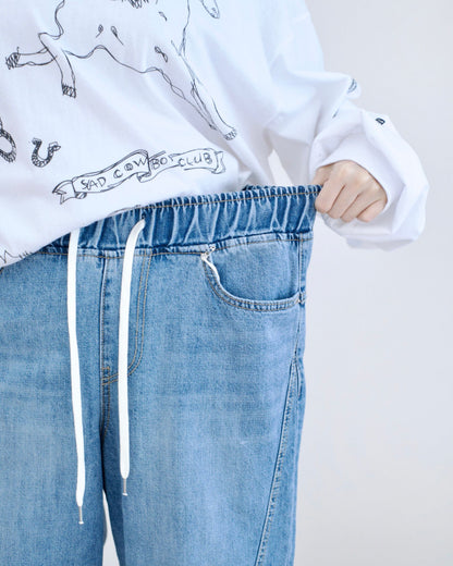 Vikini 綁繩全橡筋闊筒牛仔褲