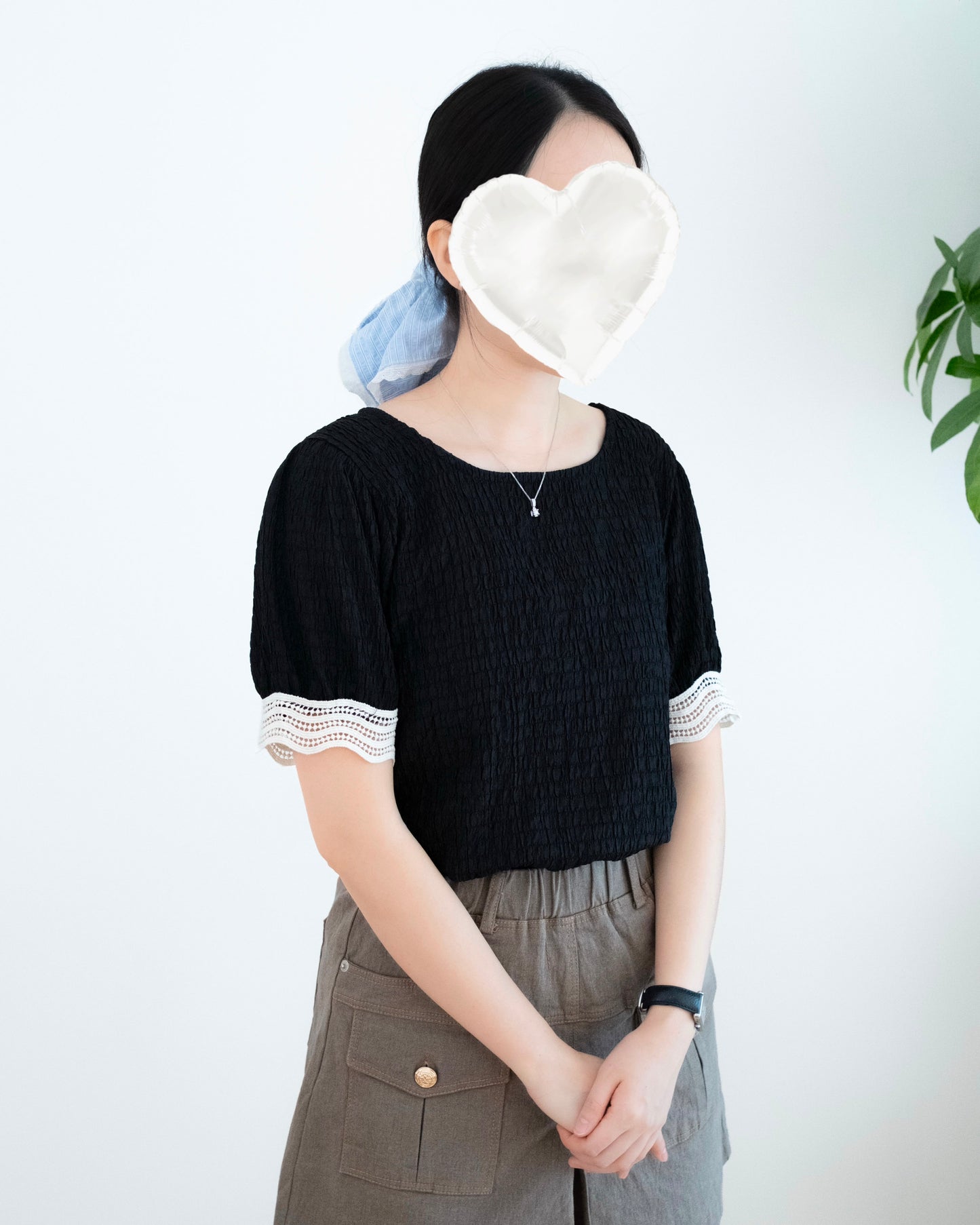 Lace 邊撞寬方領皺褶Top