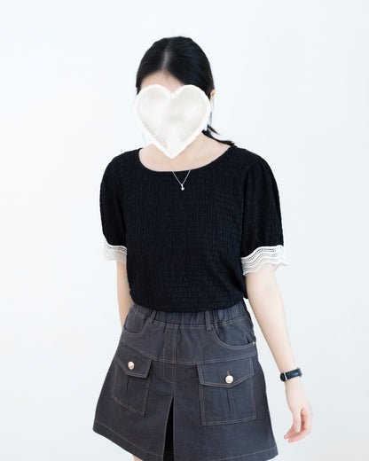 Lace 邊撞寬方領皺褶Top