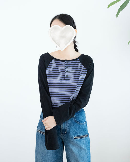 復古條子鈕扣牛角袖上衣