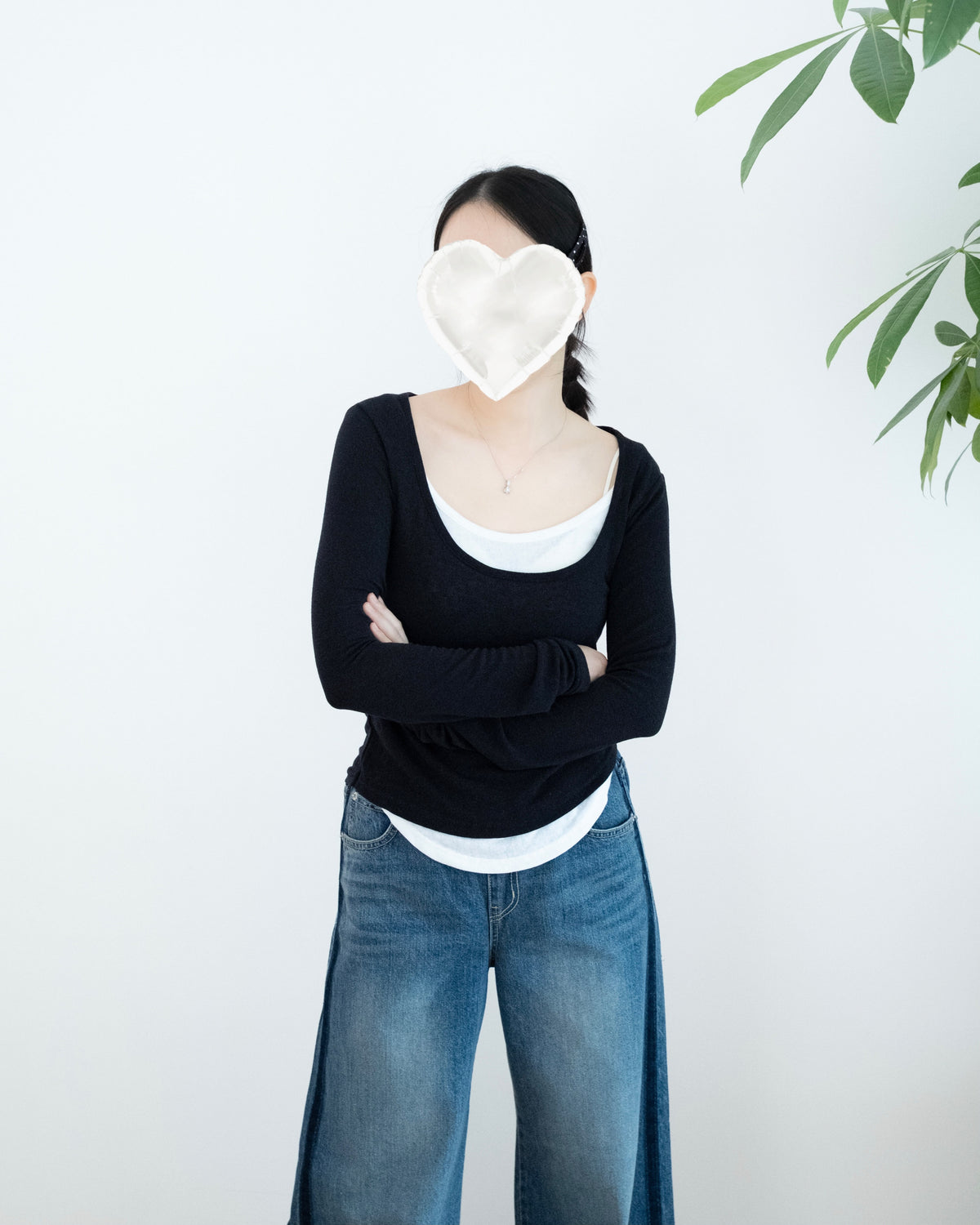 U領假兩件撞色顯瘦長袖上衣