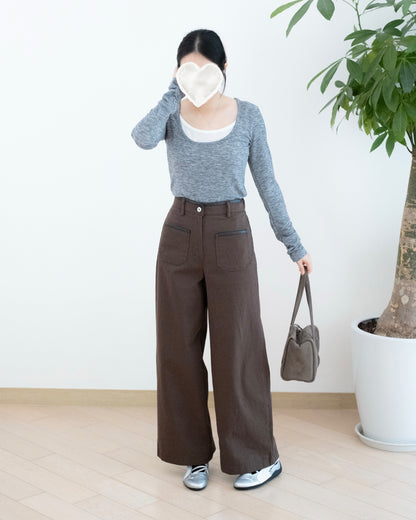 Moci PU皮邊口袋闊筒扯布褲