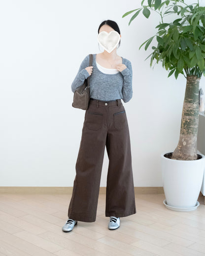 Moci PU皮邊口袋闊筒扯布褲