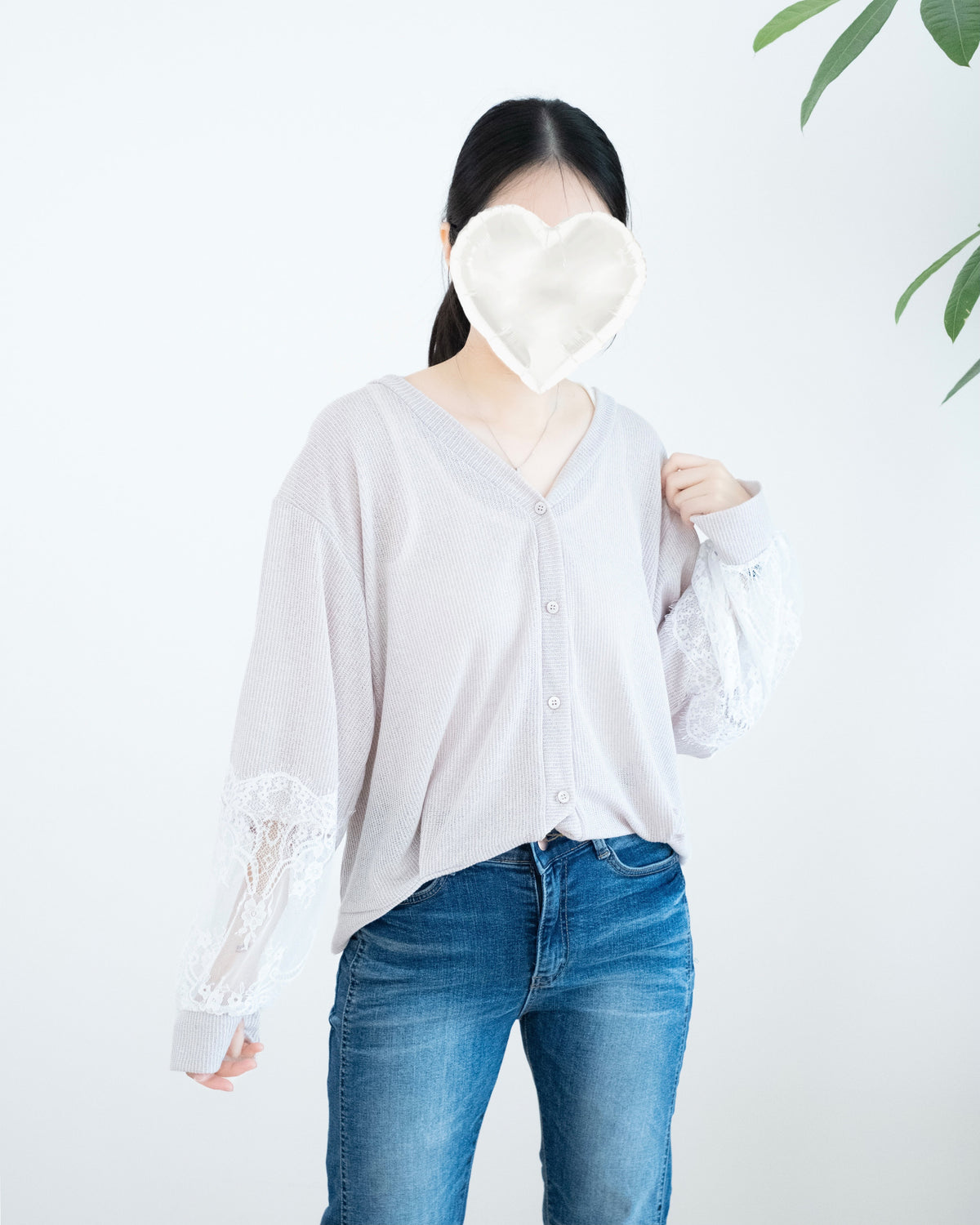 Lace拼接袖V領針織外套