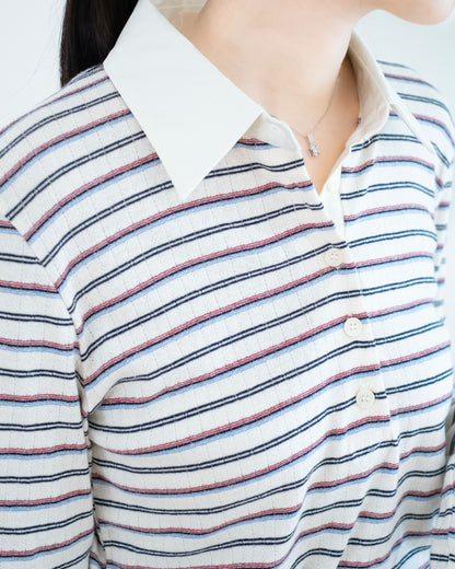 撞色翻領細條紋 Polo 上衣