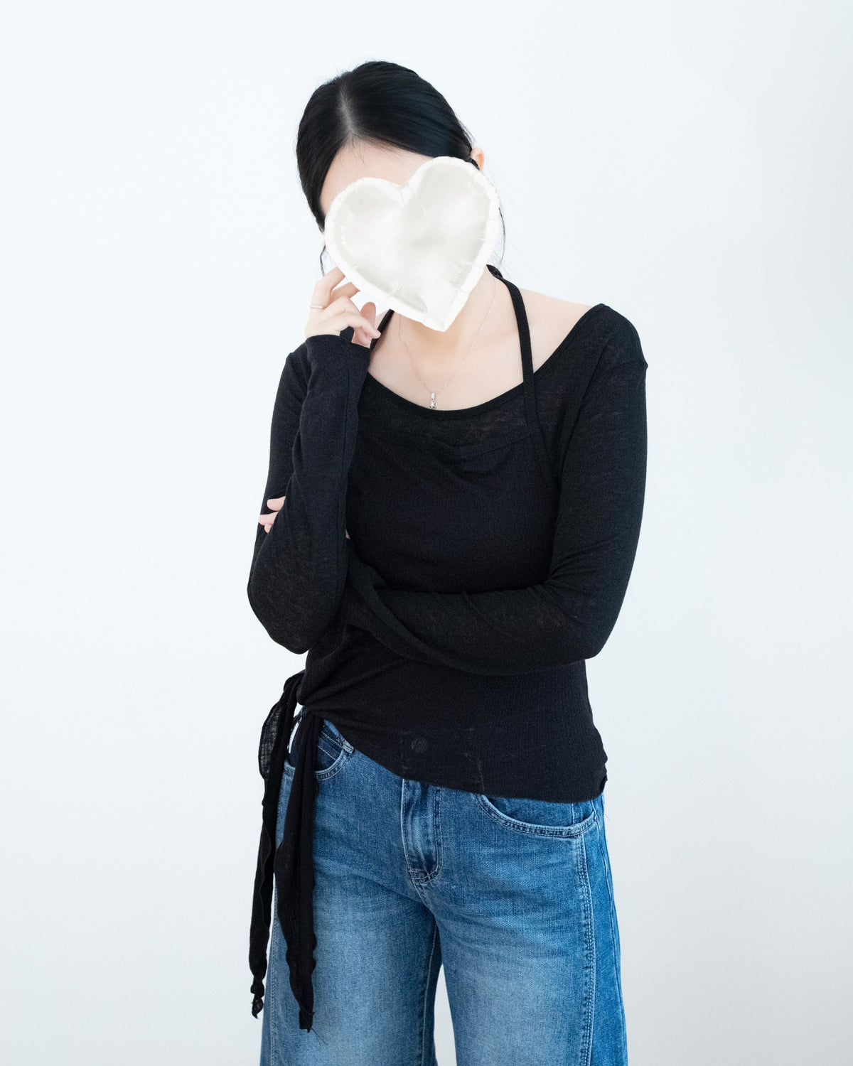 兩件套腰側綁帶長袖吊帶Set