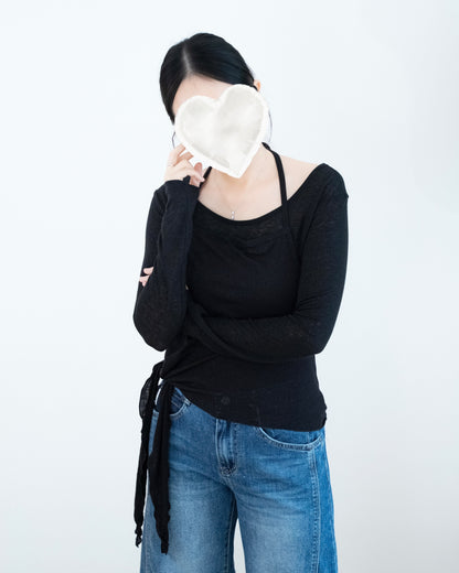 兩件套腰側綁帶長袖吊帶Set