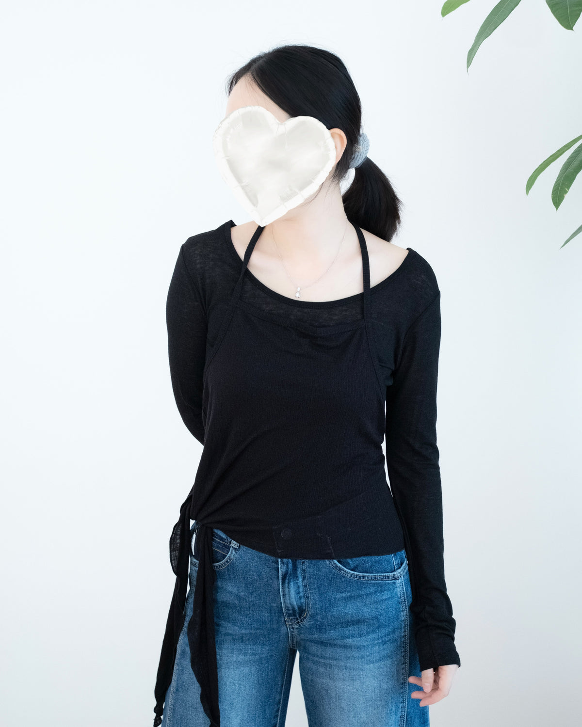 兩件套腰側綁帶長袖吊帶Set