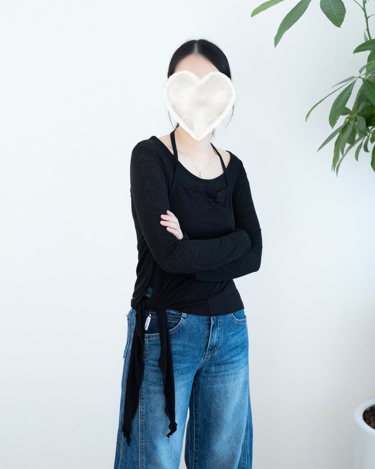 兩件套腰側綁帶長袖吊帶Set