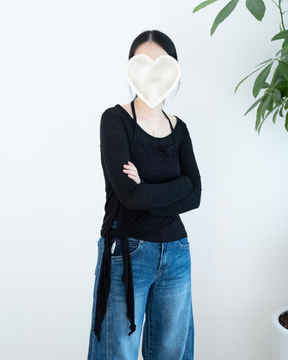 兩件套腰側綁帶長袖吊帶Set