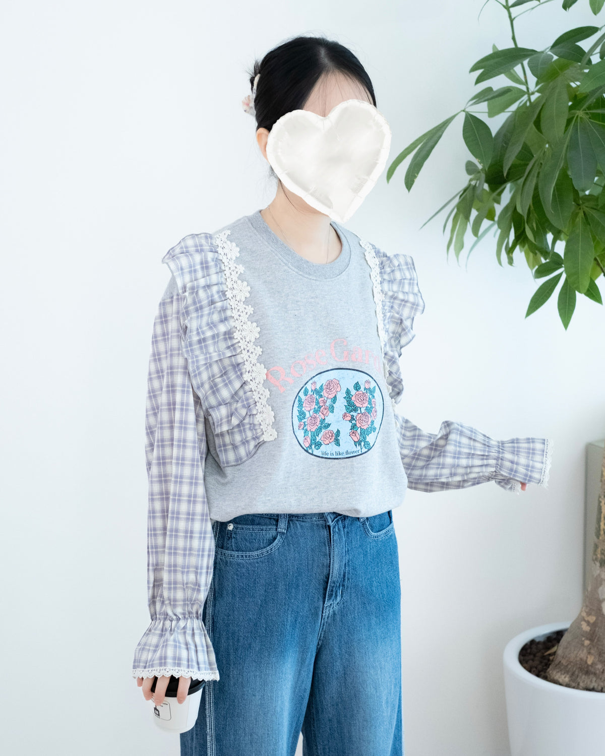 Lace拼接荷葉袖格仔長袖上衣