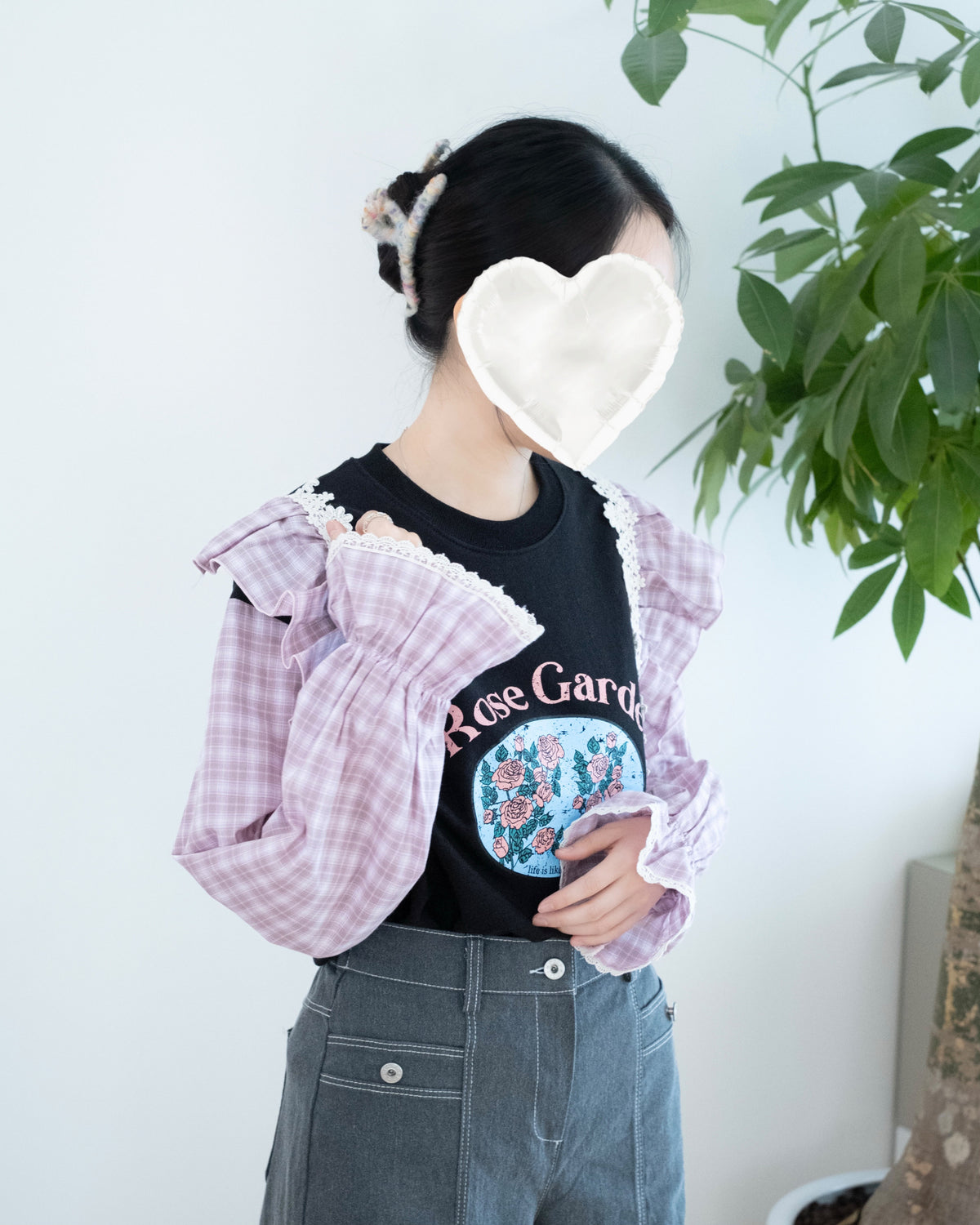 Lace拼接荷葉袖格仔長袖上衣