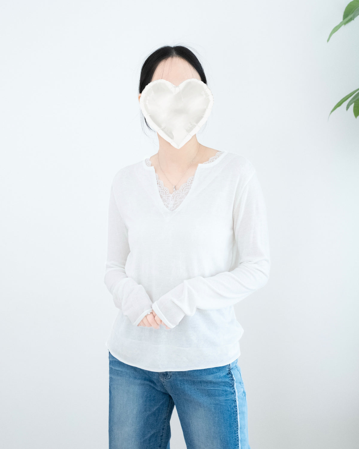 V領 Lace花邊假兩件長袖上衣