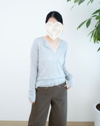 V領 Lace花邊假兩件長袖上衣