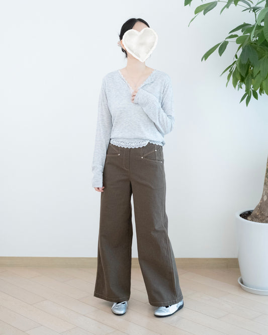 Moci 鉚釘點綴斜口袋扯布褲