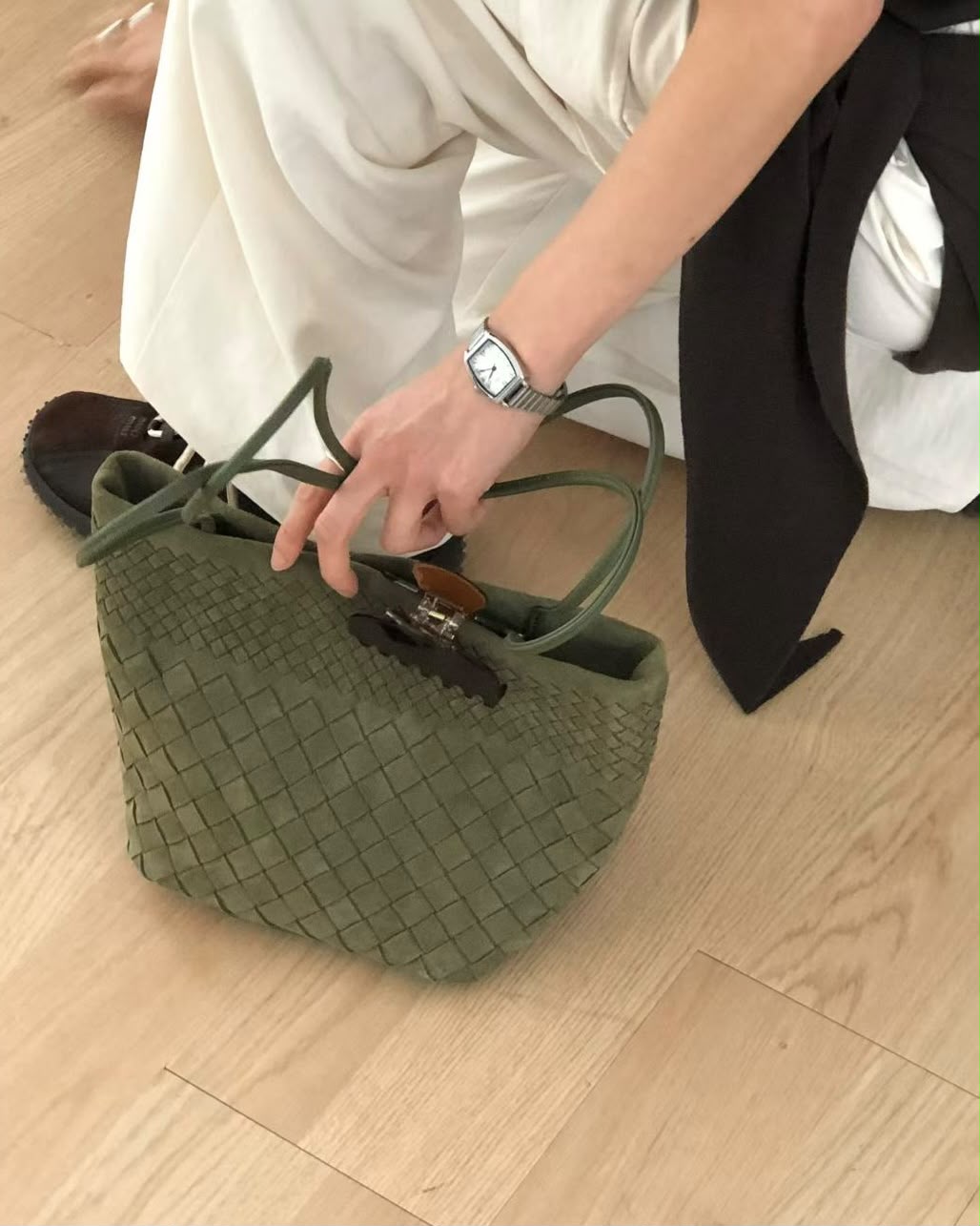 復古麂皮編織單肩手袋