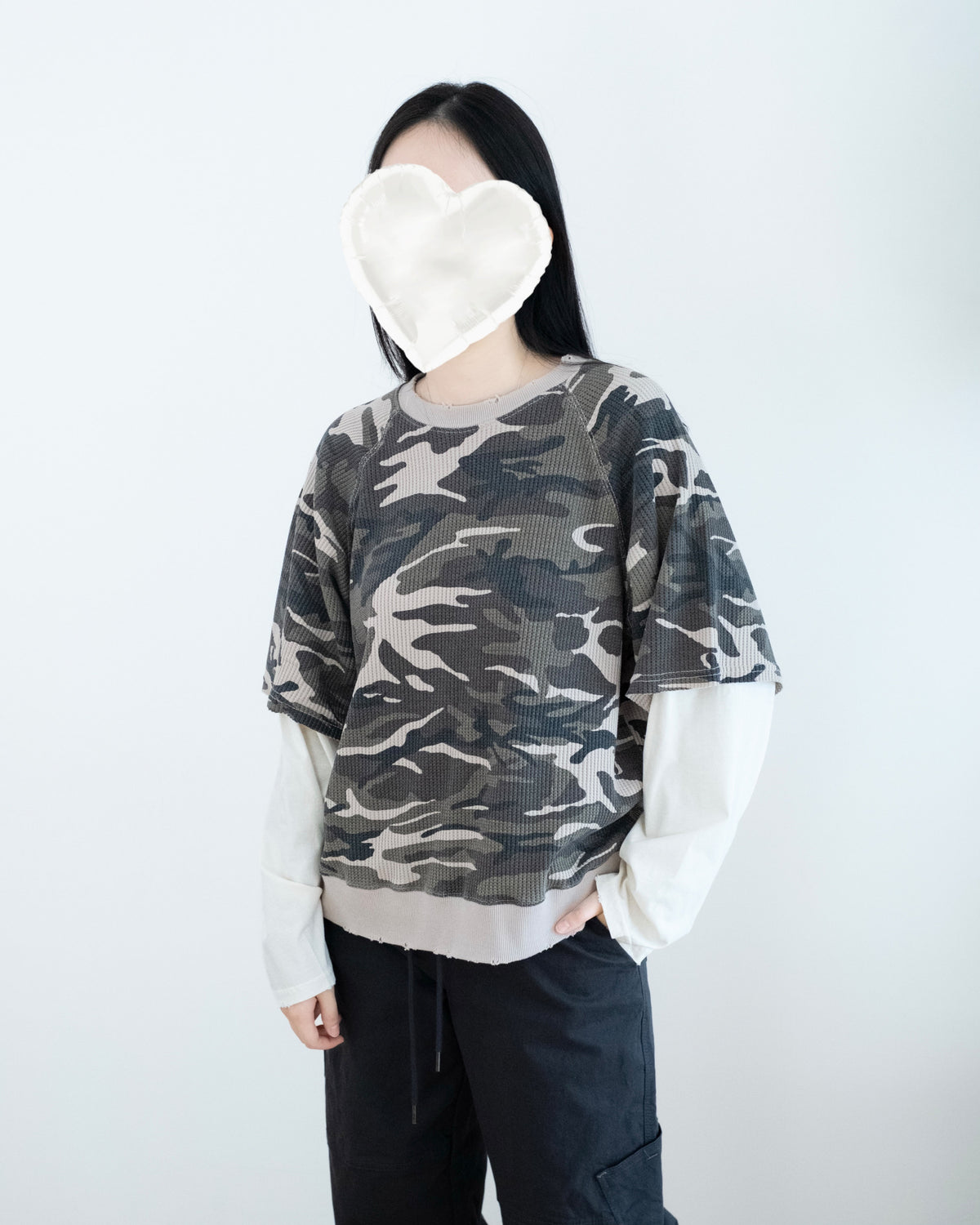 假兩件窩夫格紋迷彩上衣