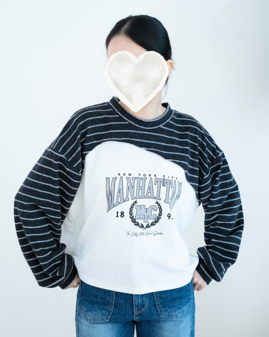 條紋拼接假兩件長袖上衣
