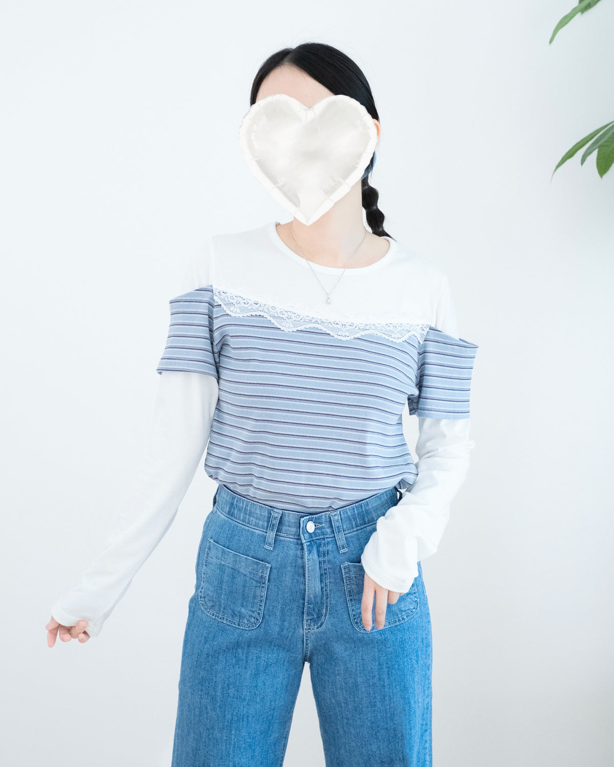 Lace拼接假兩件橫間長袖上衣