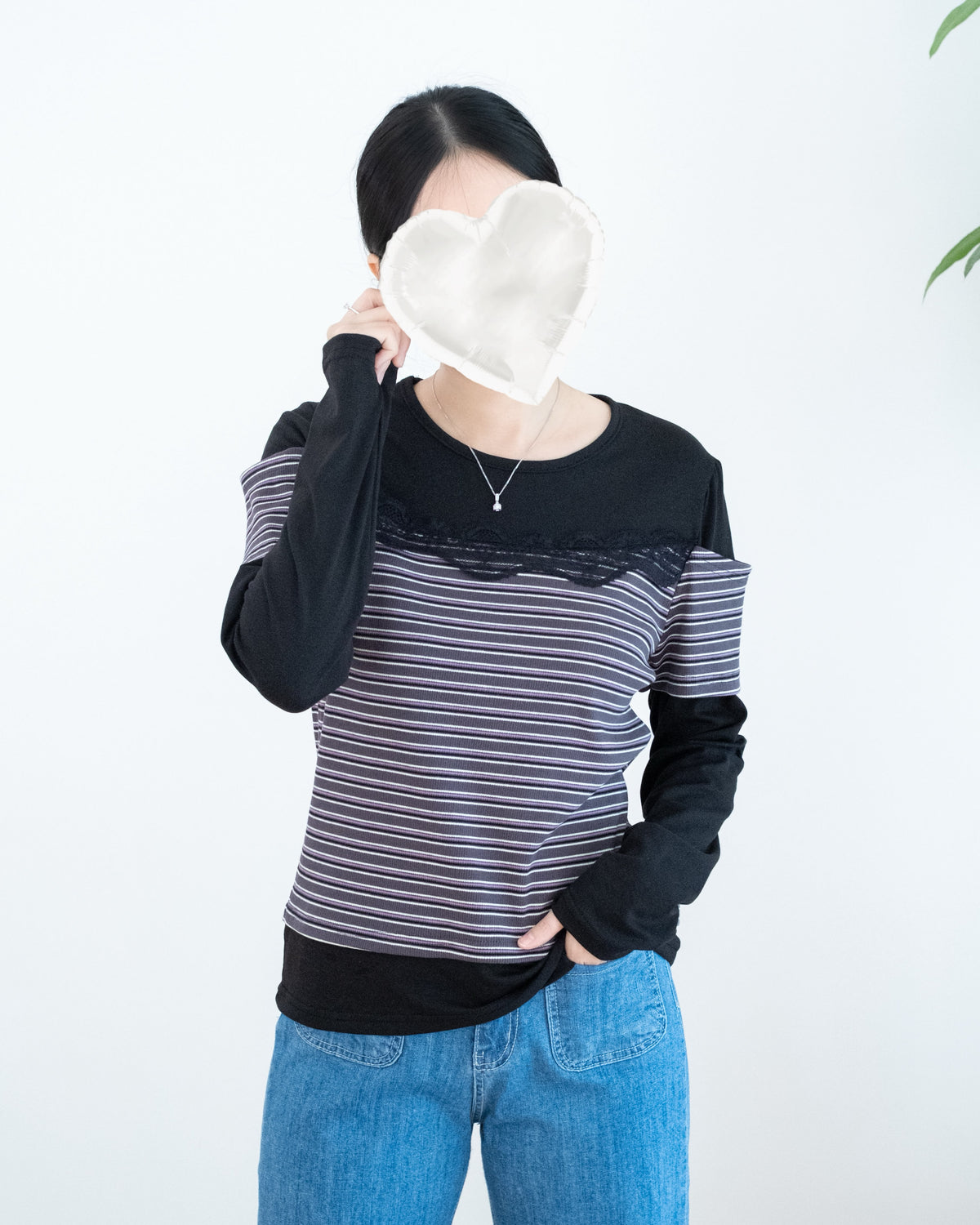 Lace拼接假兩件橫間長袖上衣