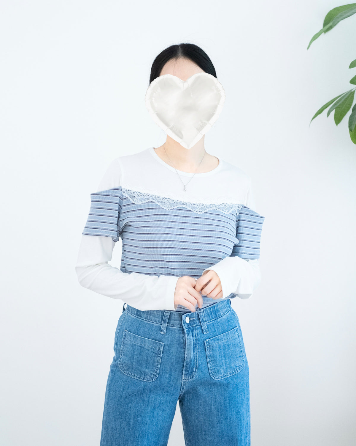 Lace拼接假兩件橫間長袖上衣