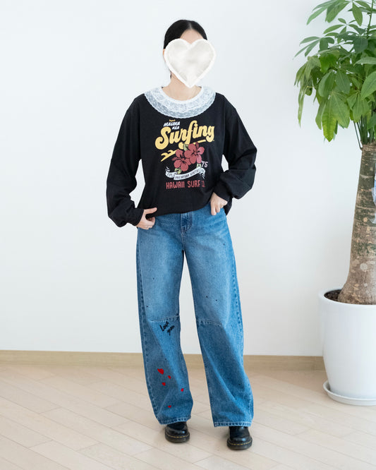 潑墨刺繡圖案闊腳牛仔褲