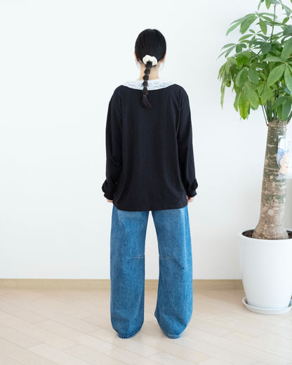 潑墨刺繡圖案闊腳牛仔褲
