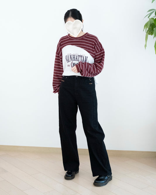 高腰刺繡闊筒牛仔褲