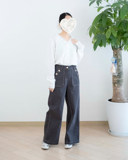 Moci 鈕扣側口袋闊筒扯布褲