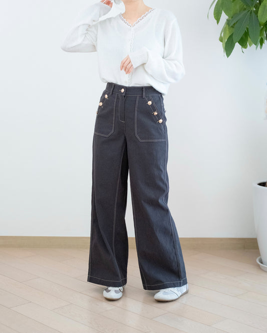 Moci 鈕扣側口袋闊筒扯布褲