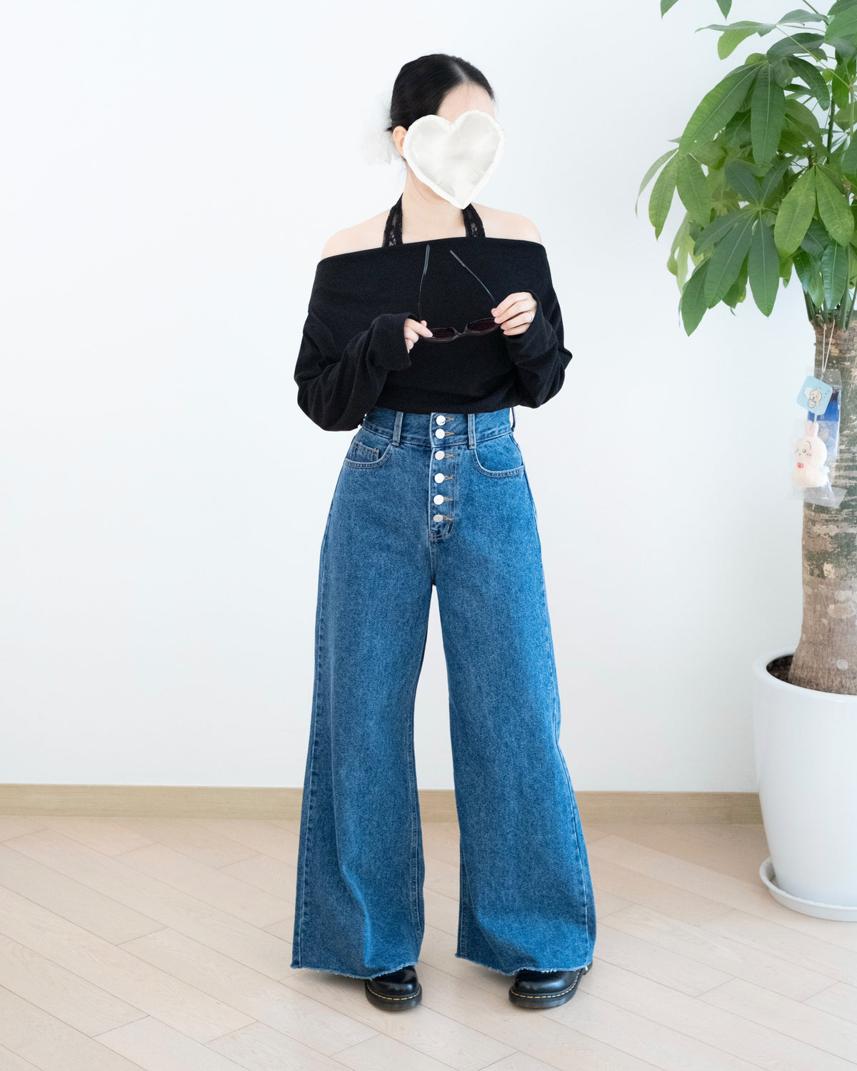 高腰門襟多排扣闊腳牛仔褲