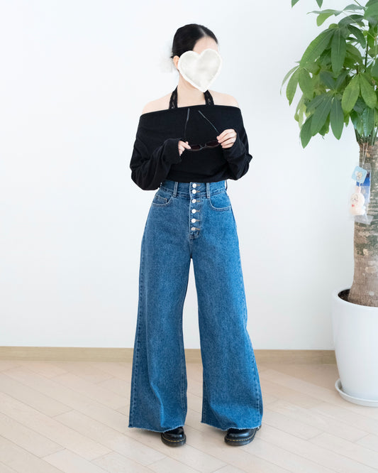 高腰門襟多排扣闊腳牛仔褲