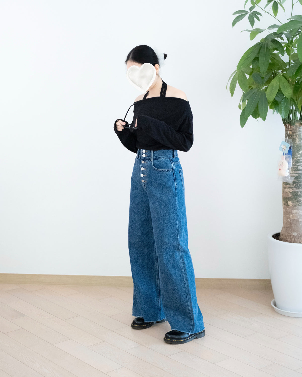 高腰門襟多排扣闊腳牛仔褲