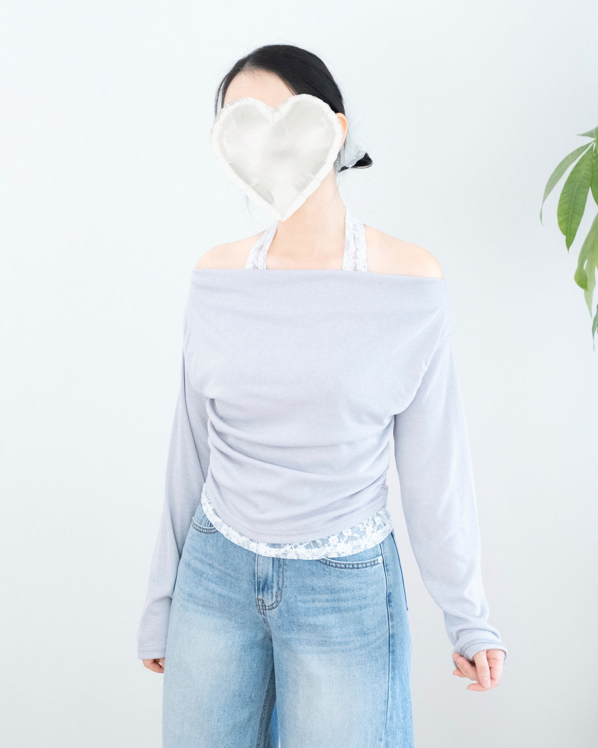 一字領露肩假兩件Lace Top