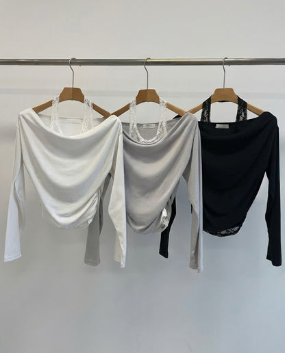 一字領露肩假兩件Lace Top