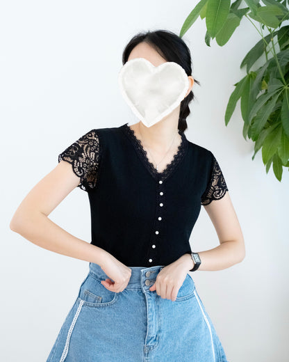 V領針織Lace手袖Top