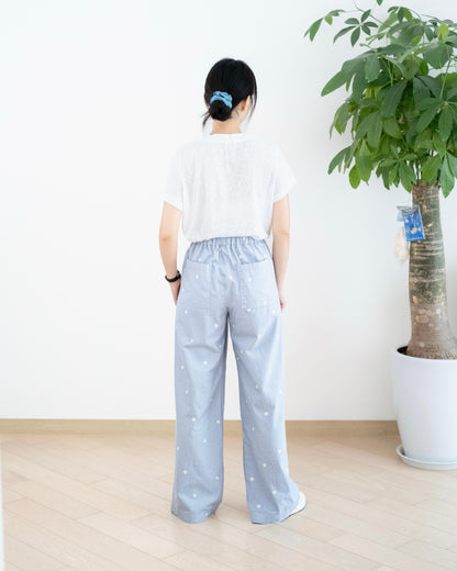 韓國雛菊刺繡闊腳扯布褲