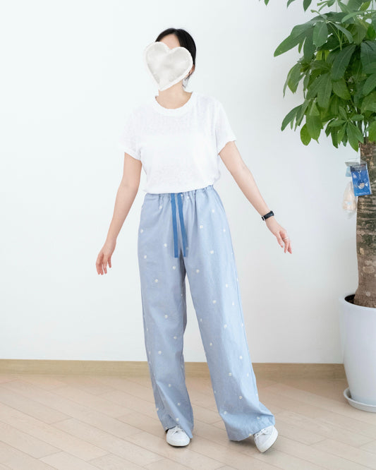 韓國雛菊刺繡闊腳扯布褲