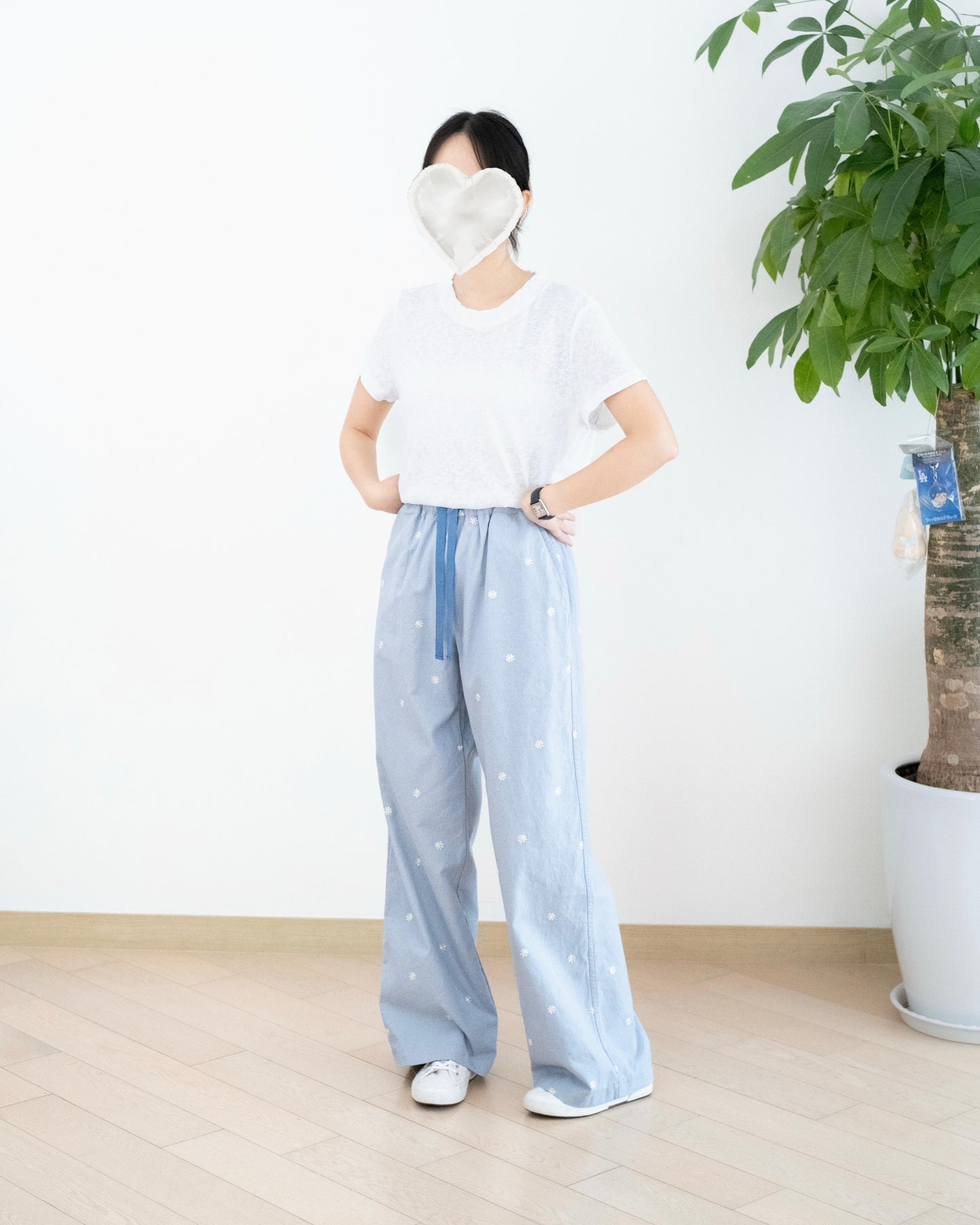 韓國雛菊刺繡闊腳扯布褲