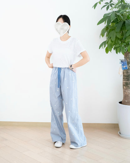 韓國雛菊刺繡闊腳扯布褲