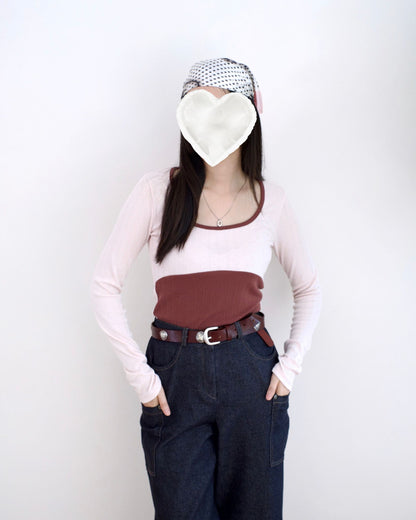韓國小U領拼色Tee