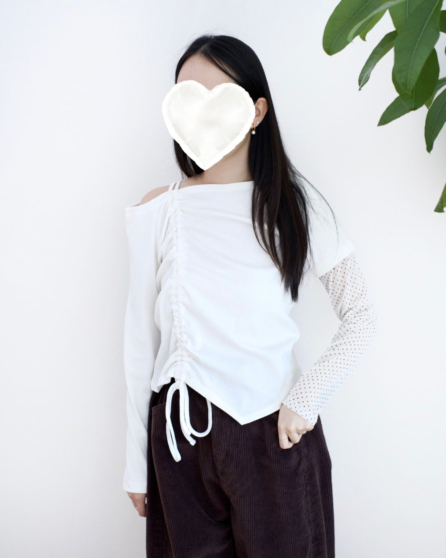 韓國修腰波點長袖Top