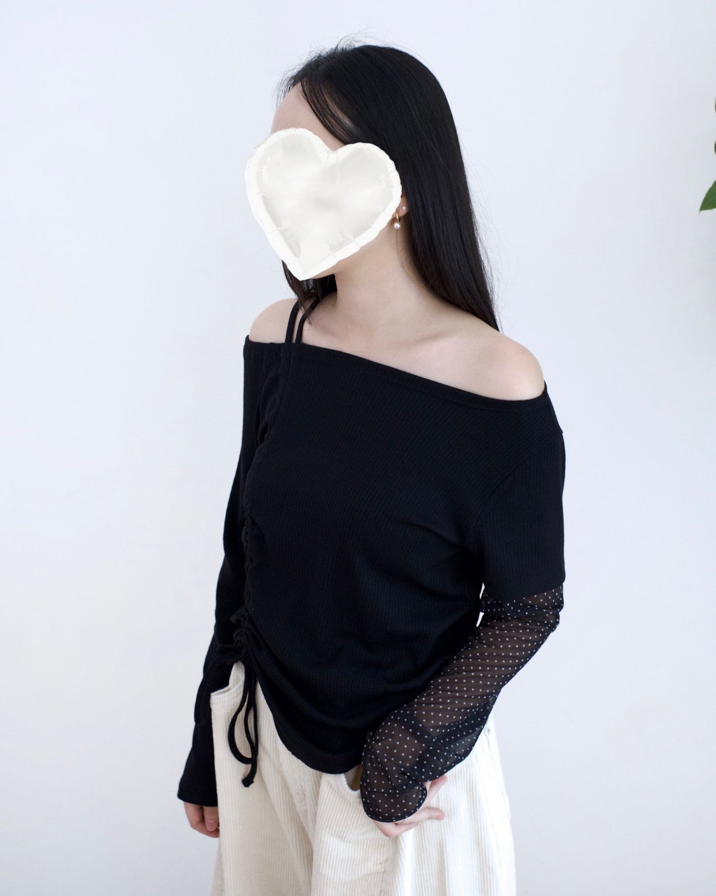 韓國修腰波點長袖Top