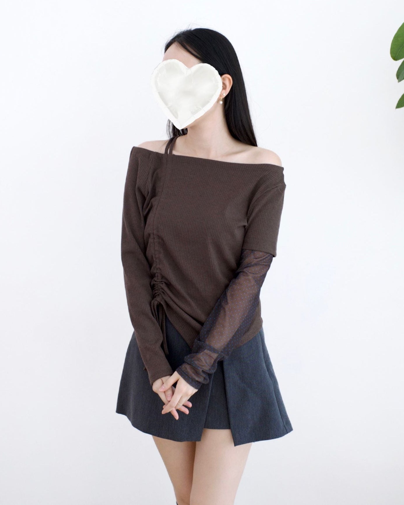 韓國修腰波點長袖Top