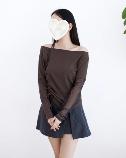 韓國修腰波點長袖Top